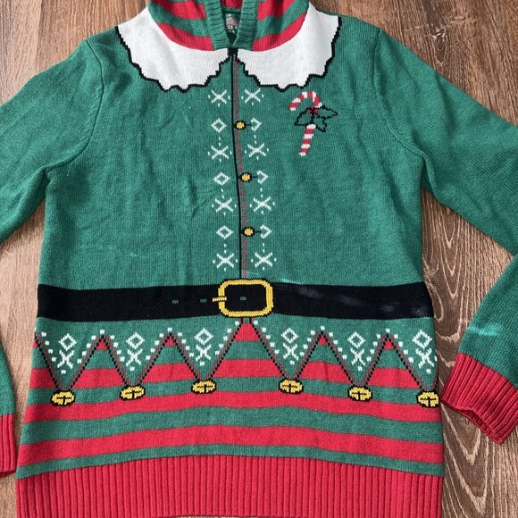Ugly Christmas Sweater - Hooded Elf w/Pom Pom  (Medium) - Picture 9 of 9